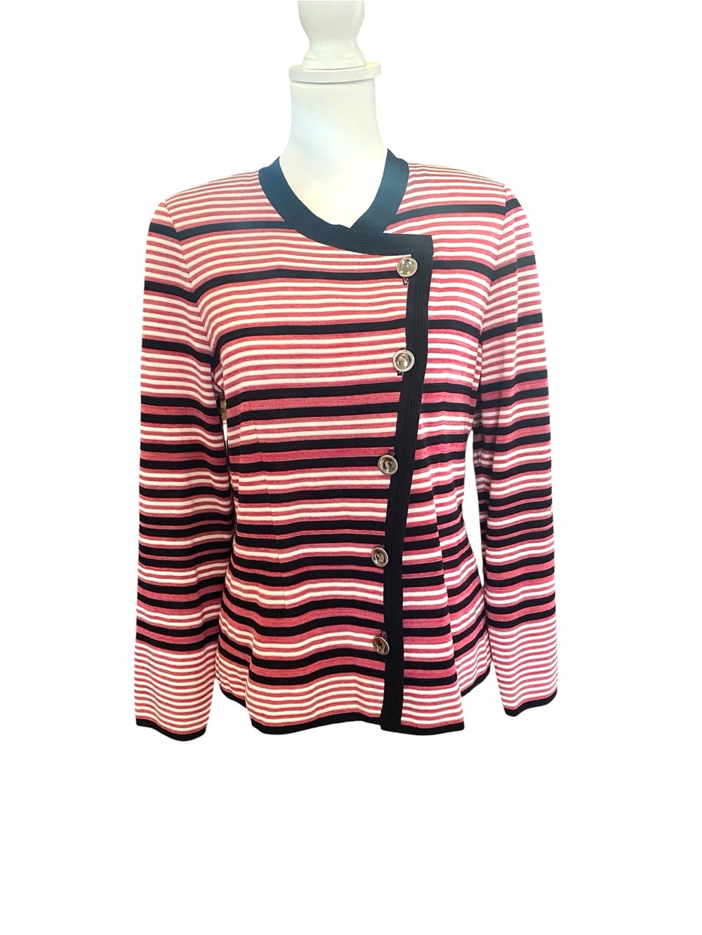 Misook Striped Asymmetrical Button Knit Jacket Cardigan M
